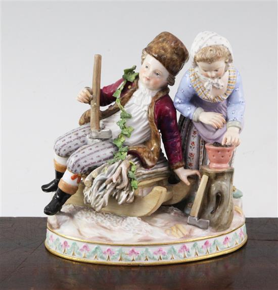 A Meissen group emblematic of winter, late 19th century, 14cm, some damage